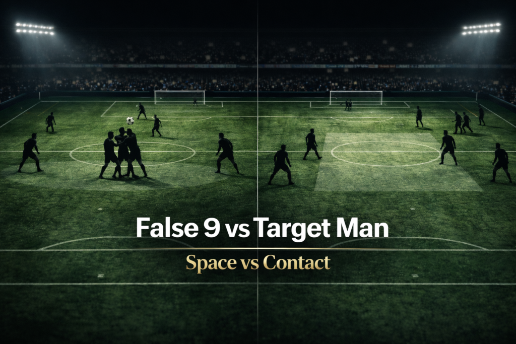 Editorial football tactics image comparing a Target Man holding off defenders versus a False 9 dropping into midfield to create space in False 9 vs Target Man.