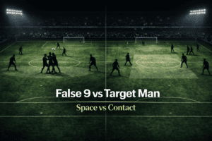 Editorial football tactics image comparing a Target Man holding off defenders versus a False 9 dropping into midfield to create space in False 9 vs Target Man.