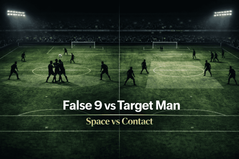 Editorial football tactics image comparing a Target Man holding off defenders versus a False 9 dropping into midfield to create space in False 9 vs Target Man.