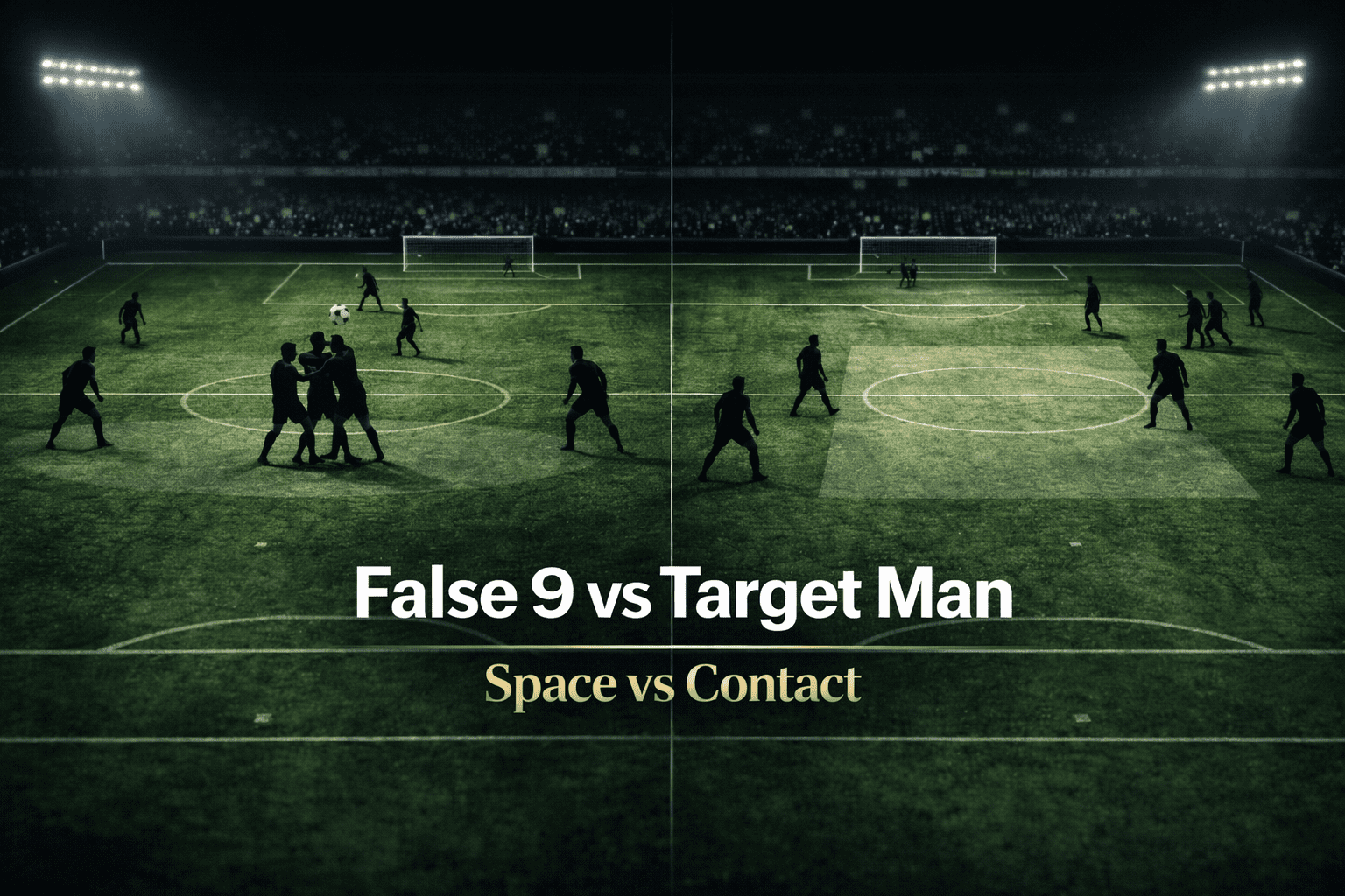 Editorial football tactics image comparing a Target Man holding off defenders versus a False 9 dropping into midfield to create space in False 9 vs Target Man.