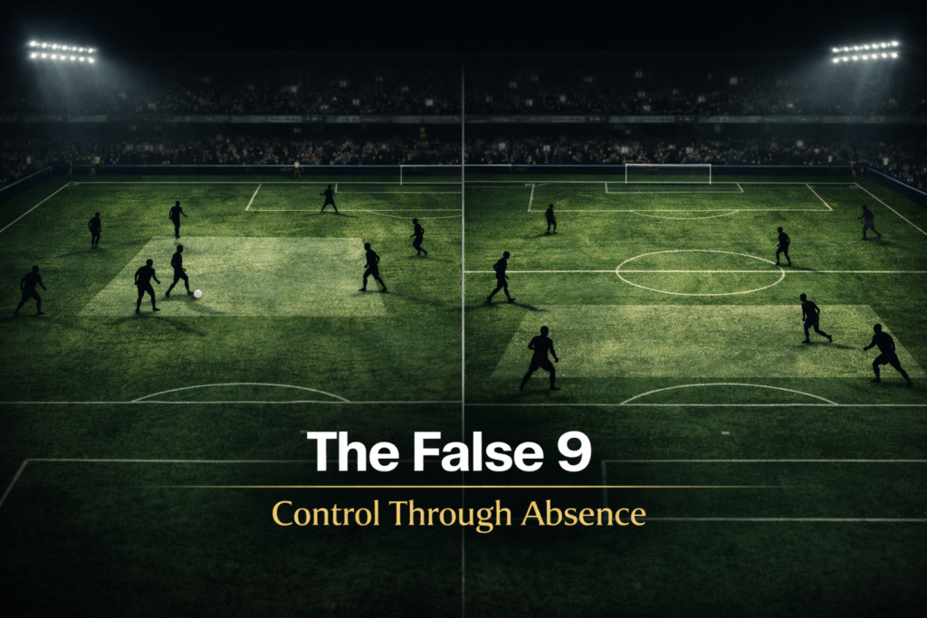 Editorial tactics image illustrating a False 9 dropping deep and forcing center-backs into positional confusion.