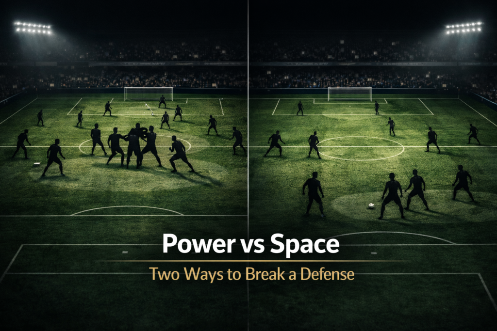 Side-by-side football tactics comparison showing Target Man physical play versus False 9 spatial manipulation.