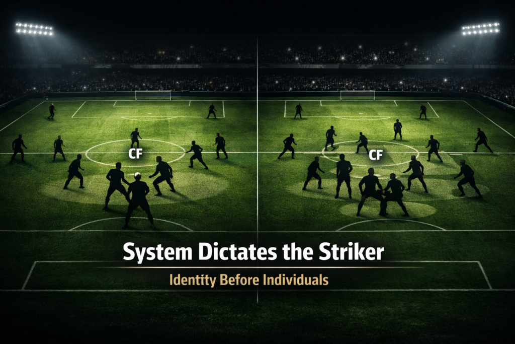Editorial tactics image showing how team systems change when built around a Target Man versus a False 9.