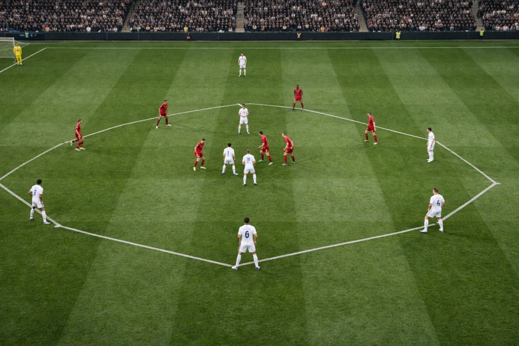Tactical football image showing a press being invited through wide center-backs and deep midfield positioning.