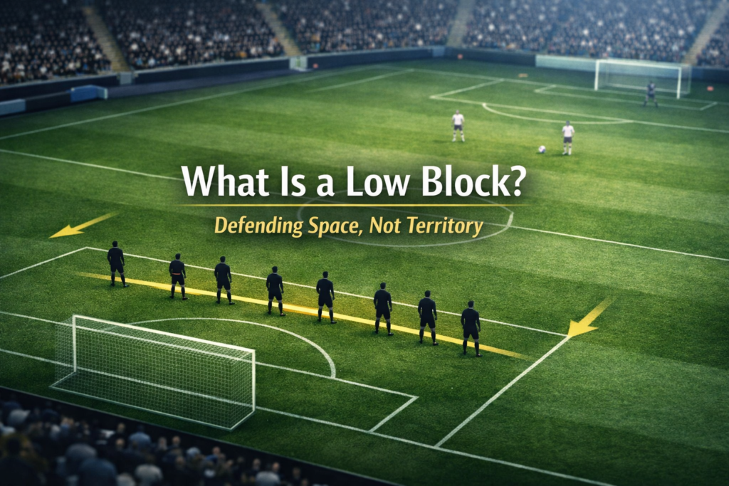 Tactical visualization showing a football team defending deep in a low block defense with compact lines close to their own penalty area.