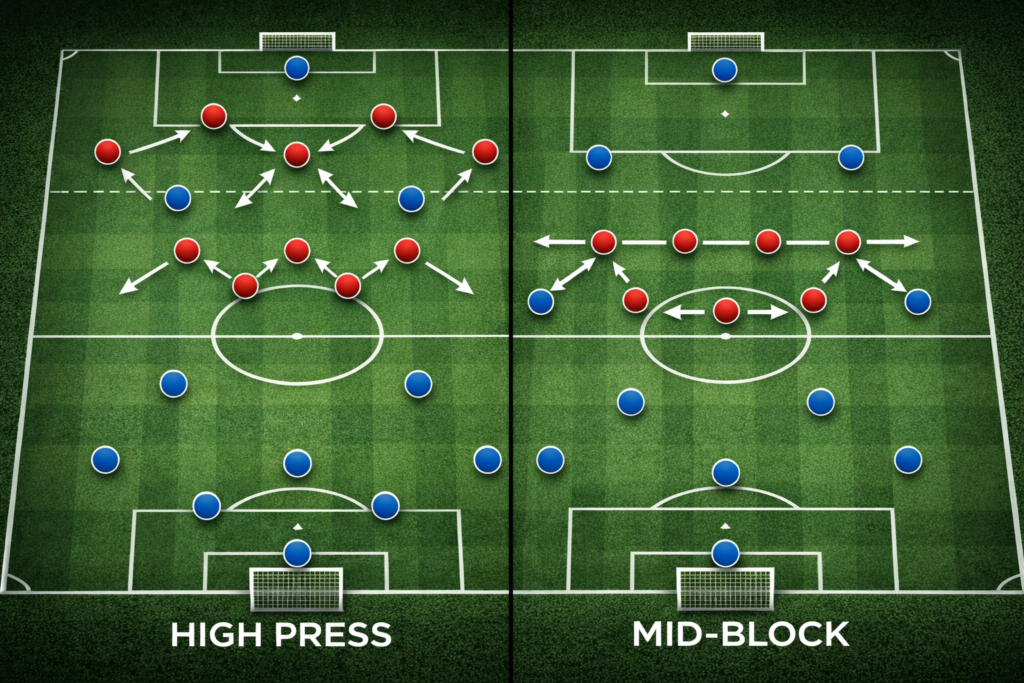 Comparison of high press vs mid-block football tactics highlighting differences in defensive height and pressure zones