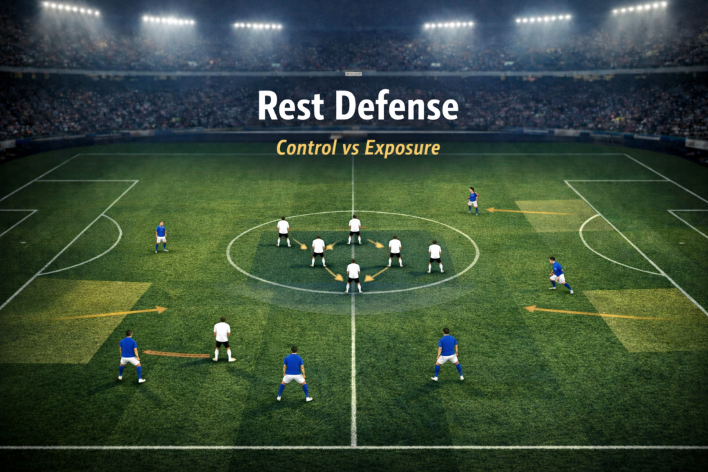 Football tactics image illustrating rest-defense structure and wide-area risks when using inverted fullbacks.