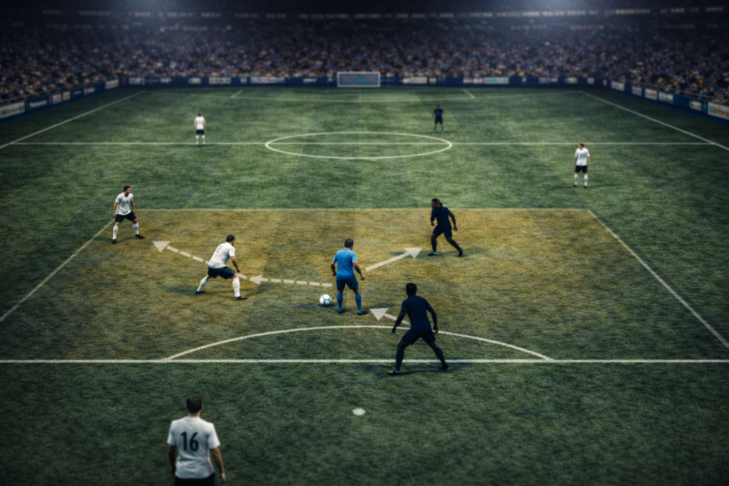 High-angle football stadium image showing counter-pressing roles, with players applying pressure, blocking lanes, and maintaining cover.