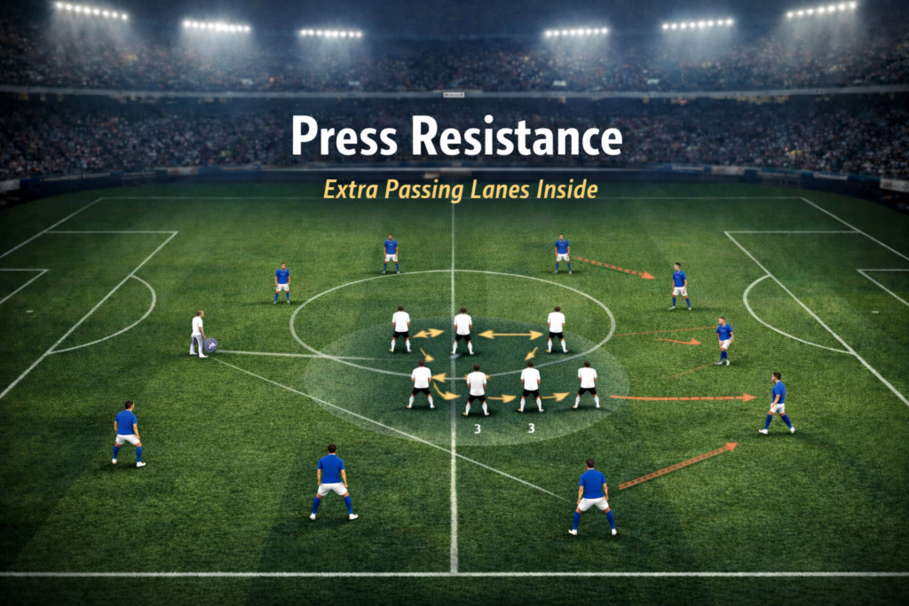 Tactical football image showing how inverted fullbacks improve press resistance by providing central passing lanes.