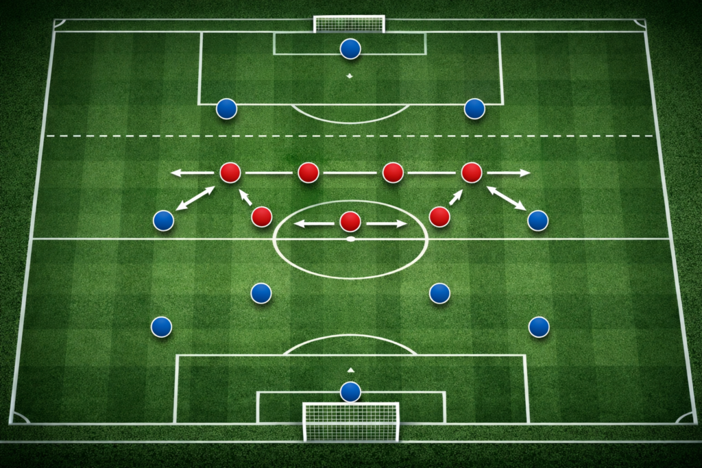 Mid-block football defensive shape showing compact spacing and controlled pressure in the middle third in high press vs mid-block analysis