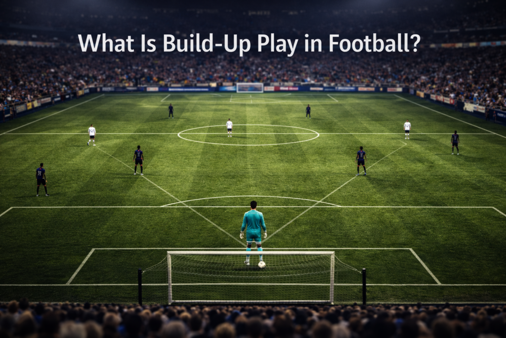 Wide tactical view of a football team beginning build-up play in football from the goalkeeper, with defenders and midfielders positioned to create passing options under light pressure.