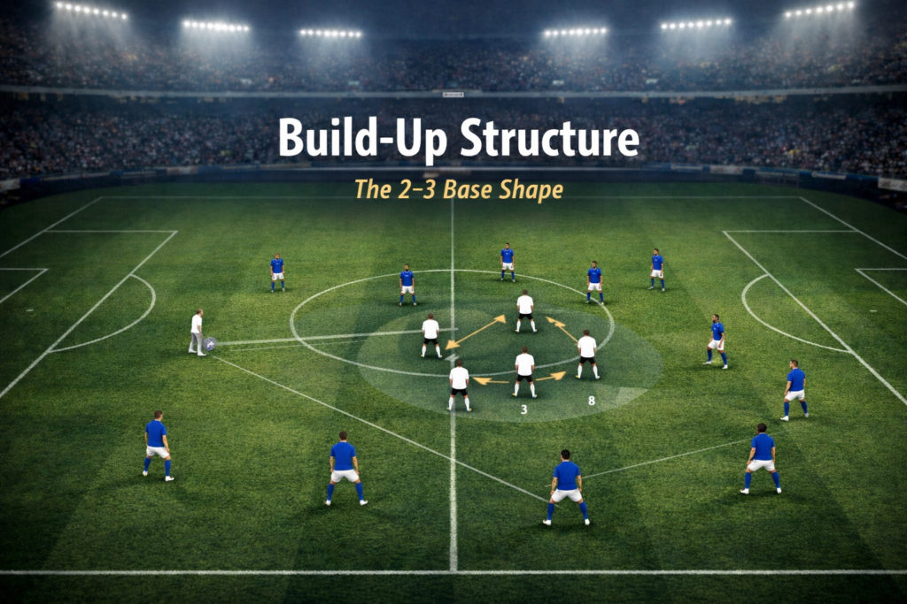 Editorial tactical image showing inverted fullbacks forming a 2–3 build-up structure to improve press resistance.