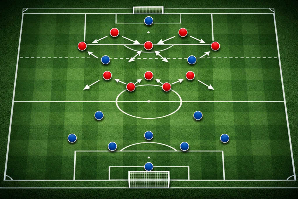 High press football tactic showing defenders holding a high line and forwards applying pressure near the opponent’s goal in high press vs mid-block analysis