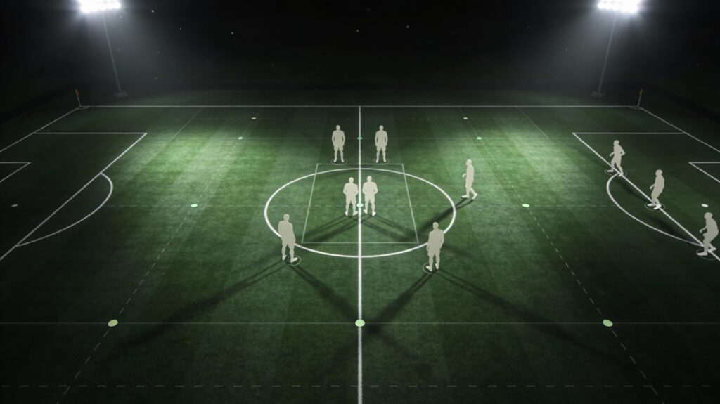 Editorial football tactics image showing a 3-2-2-3 attacking structure in the final third with wide wingers, half-space midfielders, and a compact rest-defense shape.