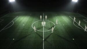 Editorial football tactics image showing a 3-2-2-3 attacking structure in the final third with wide wingers, half-space midfielders, and a compact rest-defense shape.