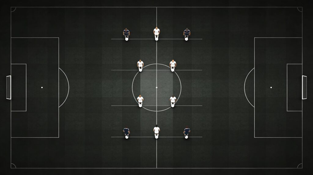 Top-down tactical diagram showing the 3-2-2-3 box midfield structure used by Guardiola to create central superiority.