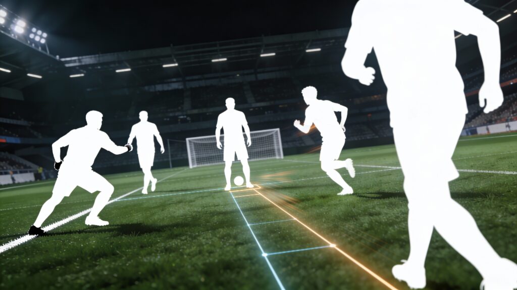 Tactical football image showing an underlapping run into the half-space created by a wide winger fixing the fullback.