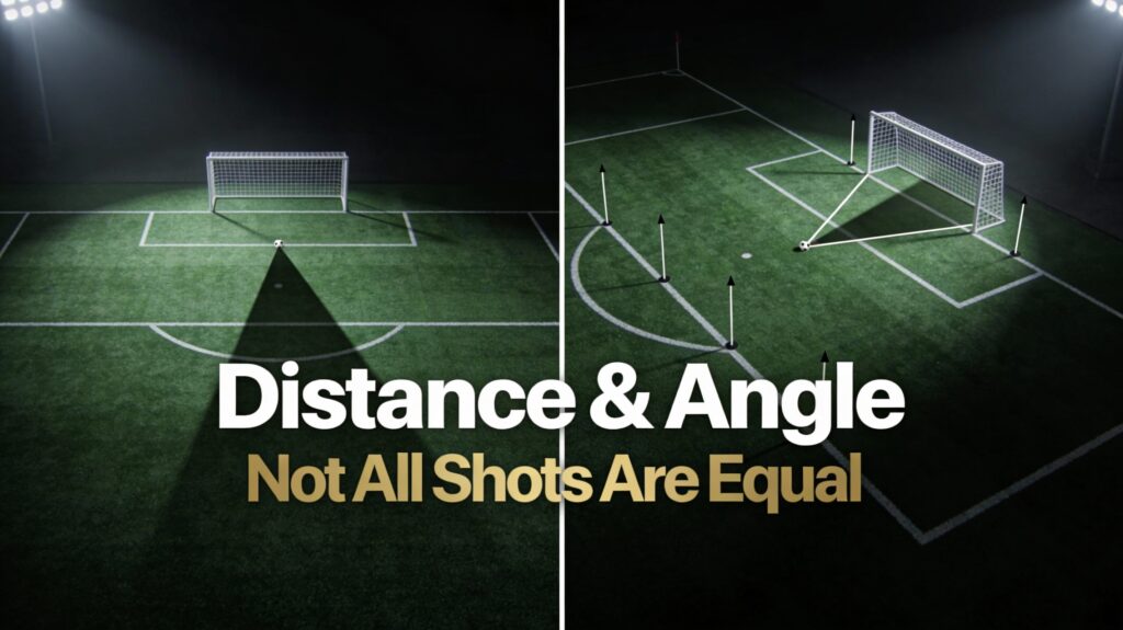 Side-by-side football analytics image comparing central high-angle shots with wide low-angle shots to illustrate xG variance.