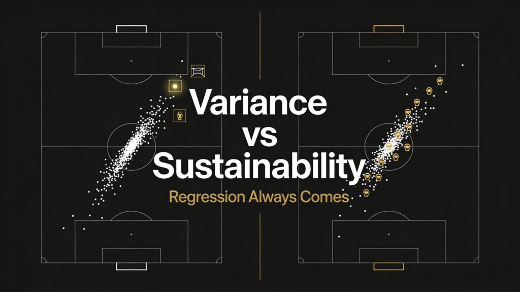 Analytical football graphic comparing goal overperformance against expected goals to illustrate variance and regression.