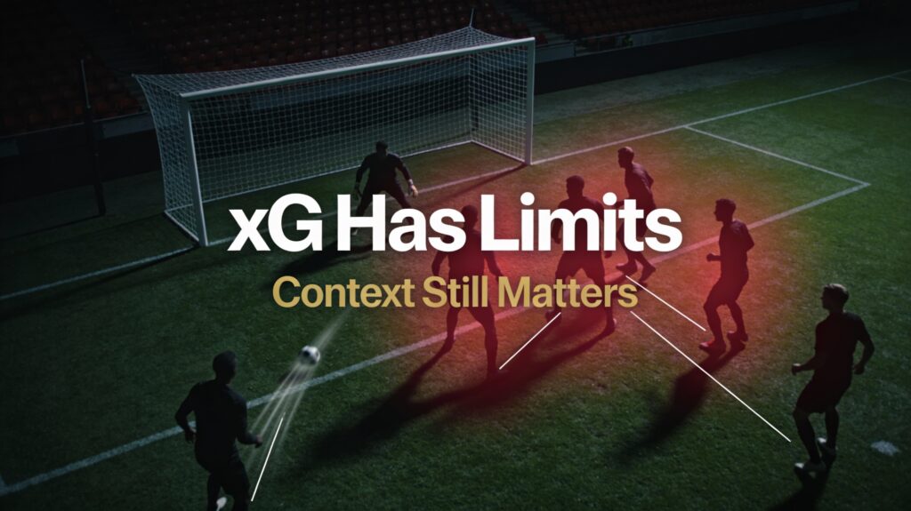 Football analytics image illustrating defensive pressure and obstructions that basic xG models may not fully capture.