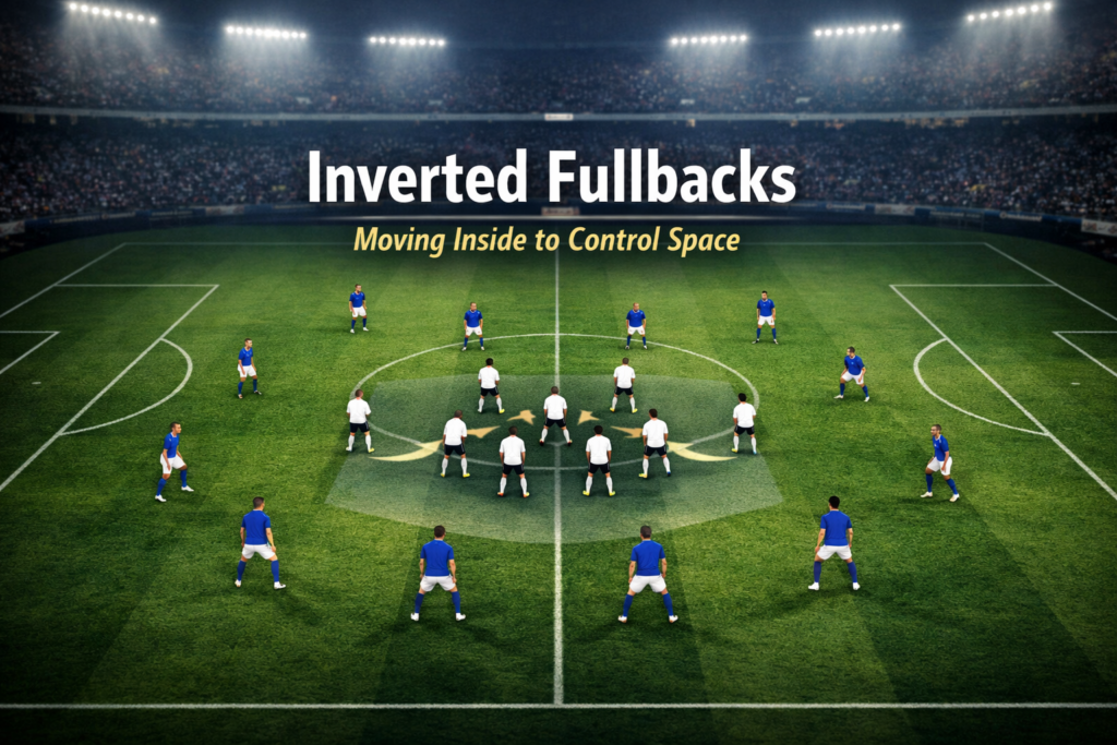 Editorial football tactics image showing inverted fullbacks stepping into central midfield areas to create numerical superiority during possession.