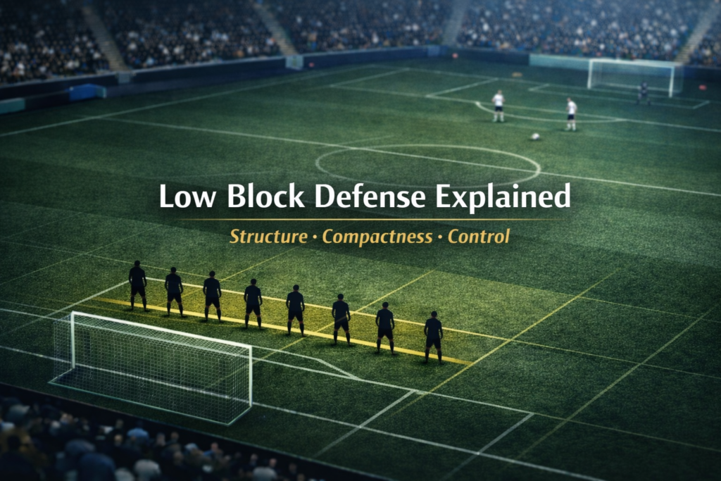 Editorial football tactics image illustrating a low block defensive with compact defensive and midfield lines positioned deep near the penalty area.