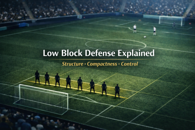 Editorial football tactics image illustrating a low block defensive with compact defensive and midfield lines positioned deep near the penalty area.