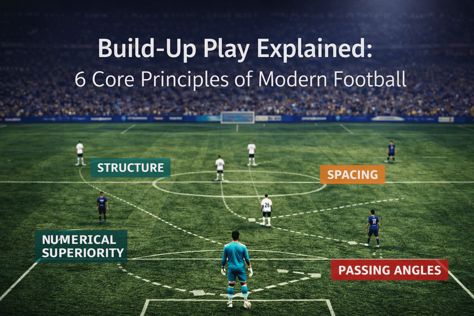 Build-up play in football showing defenders and midfielders creating passing options from the back