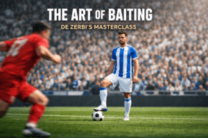 A central defender pauses with the sole of his boot on the ball to bait an onrushing striker, illustrating the De Zerbi baiting press structure used to provoke pressure and break defensive lines.