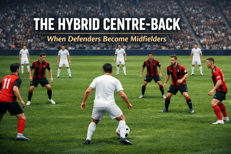 Editorial football image illustrating a hybrid centre-back stepping from the defensive line into midfield during build-up play, creating a numerical overload while the rest defense holds shape behind him.