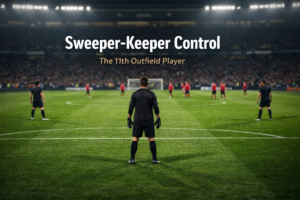 Editorial football image showing a modern sweeper-keeper positioned high outside the penalty area to control build-up play and protect a high defensive line.