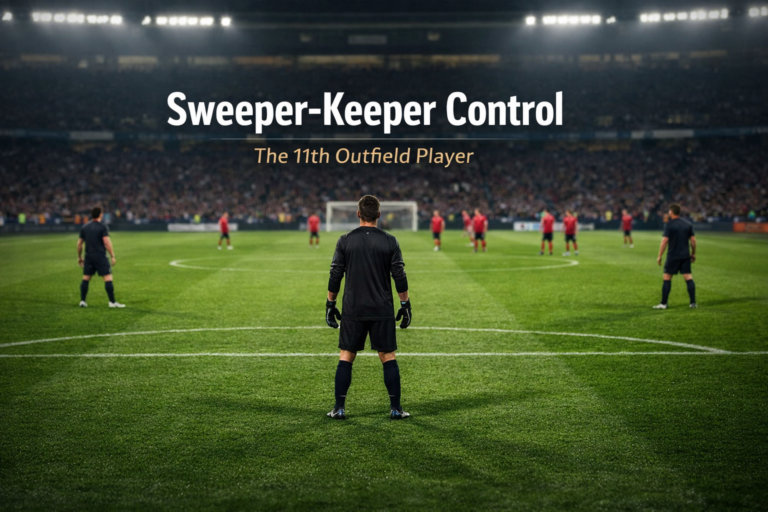 Editorial football image showing a modern sweeper-keeper positioned high outside the penalty area to control build-up play and protect a high defensive line.
