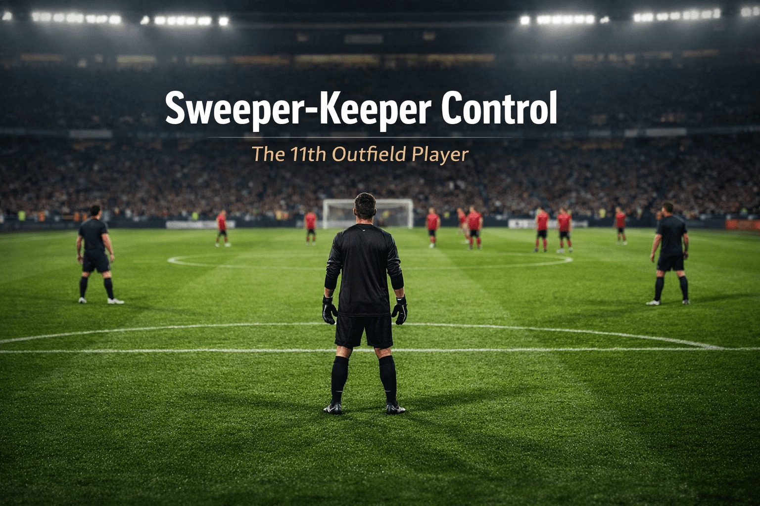Editorial football image showing a modern sweeper-keeper positioned high outside the penalty area to control build-up play and protect a high defensive line.