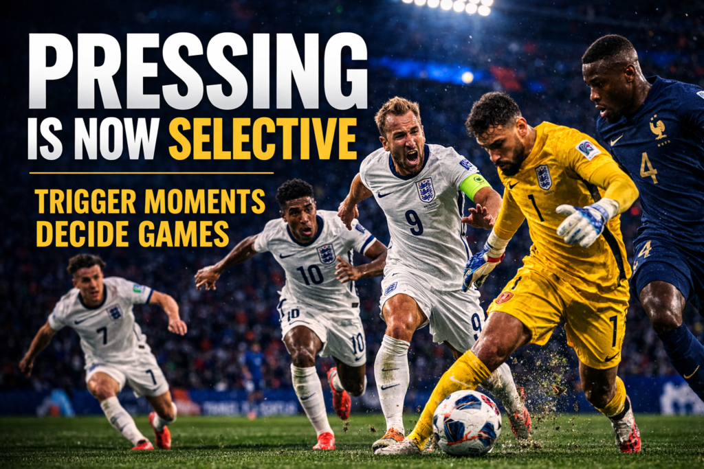 Coordinated pressing trigger forcing a mistake during an international football match