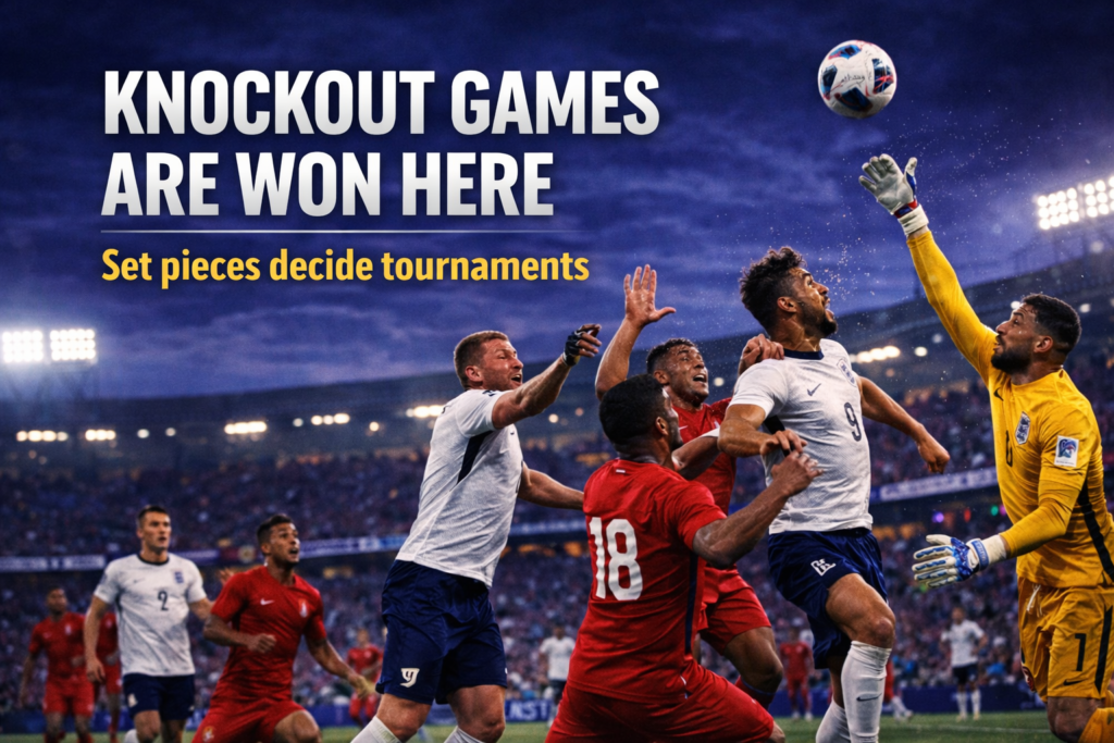 Players contesting a dangerous corner kick during a high pressure football match