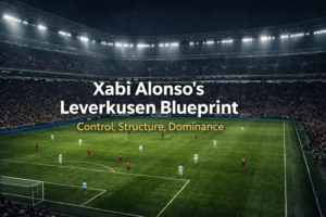 Editorial football image showing Xabi Alonso’s Leverkusen using a structured possession system to control the match.