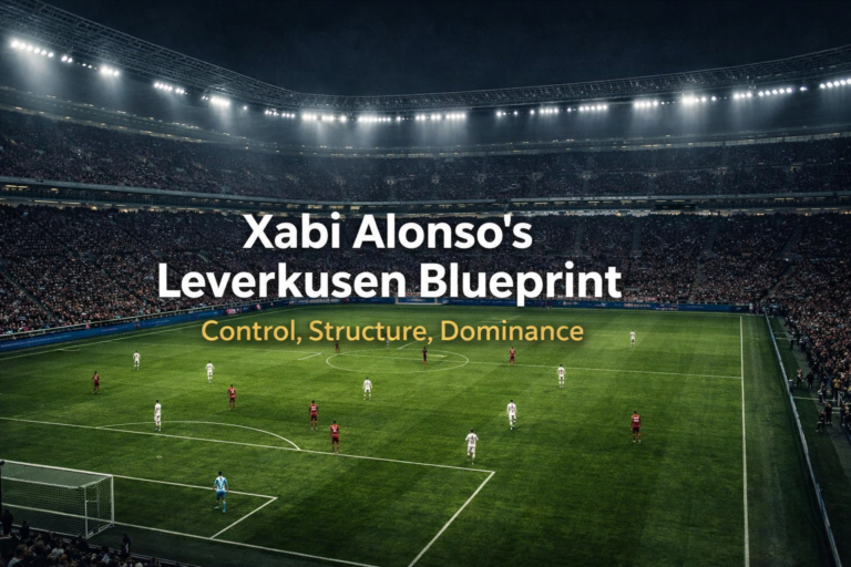 Editorial football image showing Xabi Alonso’s Leverkusen using a structured possession system to control the match.