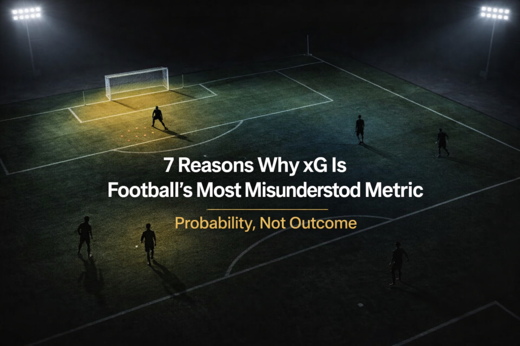 Editorial football analytics image illustrating expected goals (xG) probability zones, contrasting high-quality central chances with low-probability long shots in a night stadium setting.