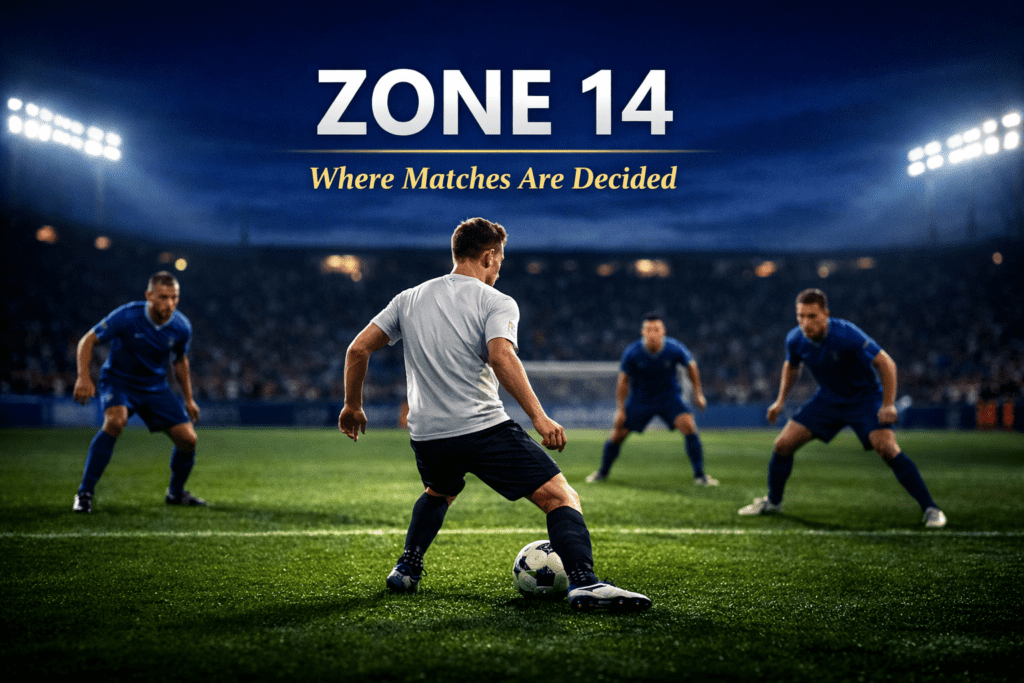 Editorial football image showing a playmaker receiving the ball on the half-turn in Zone 14 as defenders hesitate just outside the penalty area.