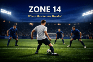 Editorial football image showing a playmaker receiving the ball on the half-turn in Zone 14 as defenders hesitate just outside the penalty area.