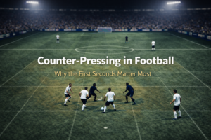 football stadium image illustrating counter-pressing concepts, with players compressing space immediately after losing possession.