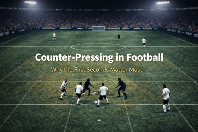 football stadium image illustrating counter-pressing concepts, with players compressing space immediately after losing possession.