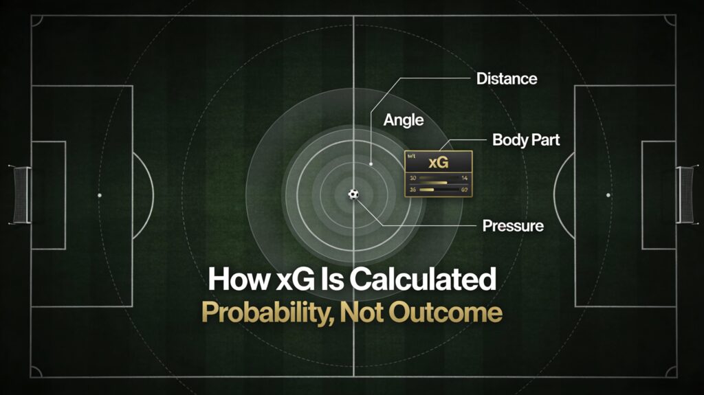 Football analytics visualization showing how shot distance, angle, pressure, and context combine to calculate expected goals in xG.