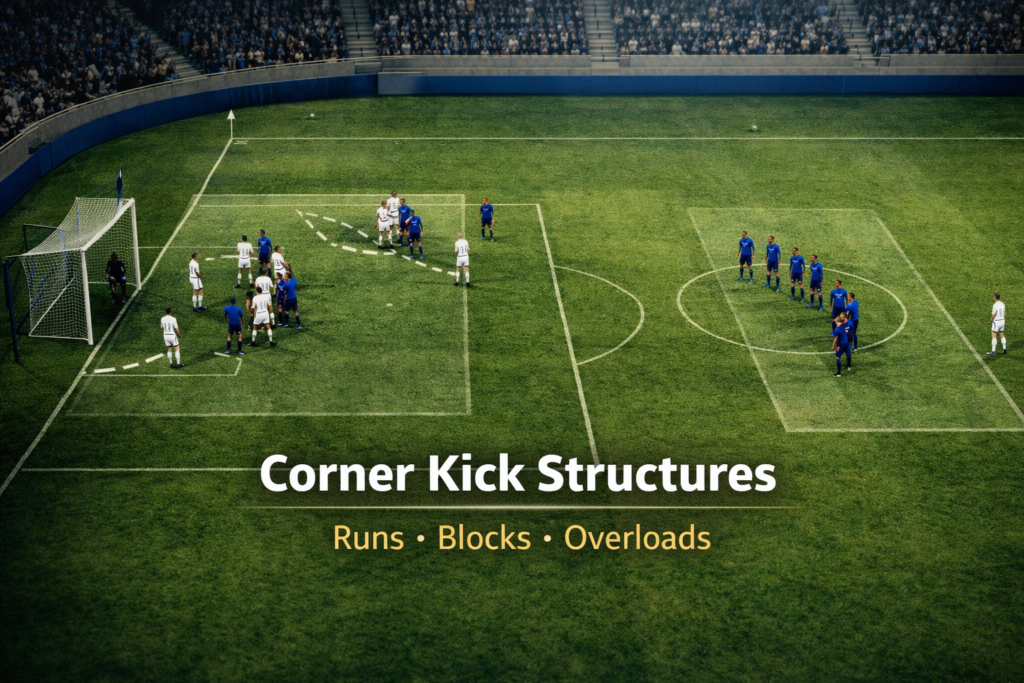Football tactics visualization illustrating attacking corner kick structures using coordinated runs, blocks, and overloads against a defensive setup.