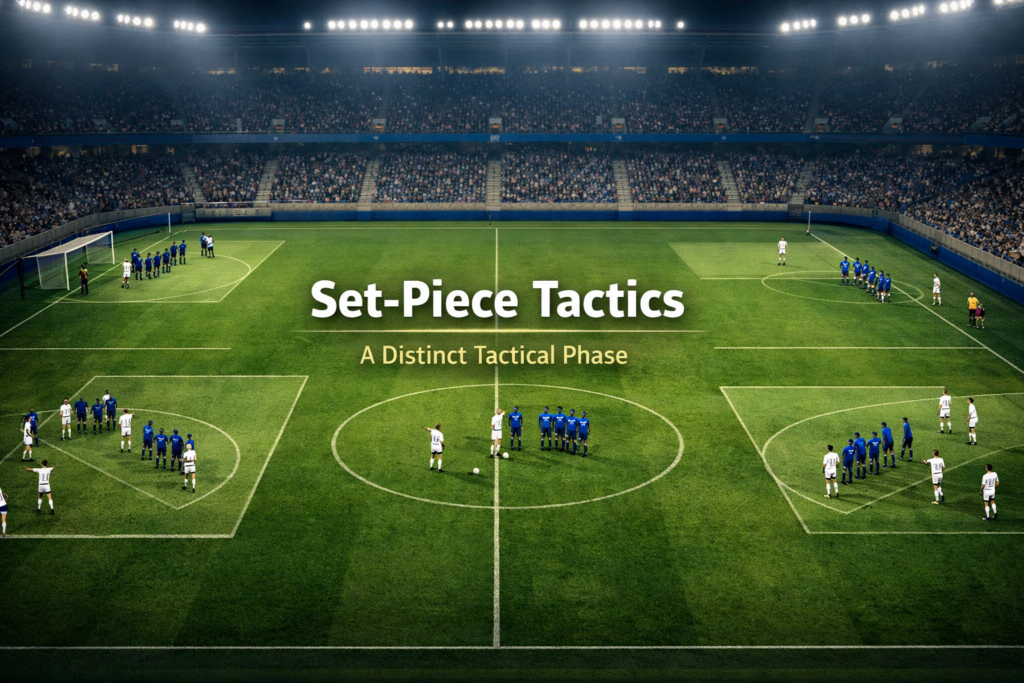 Editorial football tactics image showing set-pieces as a structured phase of play with attacking and defending teams positioned across dead-ball zones showcasing set-piece tactics.
