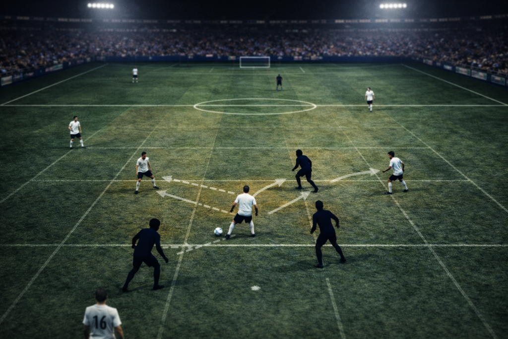 High-angle football stadium image illustrating counter-pressing training principles, with players reacting immediately after losing possession.