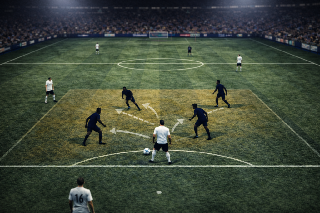 High-angle football image illustrating counter-pressing triggers, with defenders reacting immediately to a vulnerable receiving position.