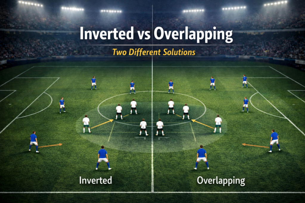 Side-by-side tactical comparison showing inverted fullbacks versus traditional overlapping fullbacks in modern football systems.