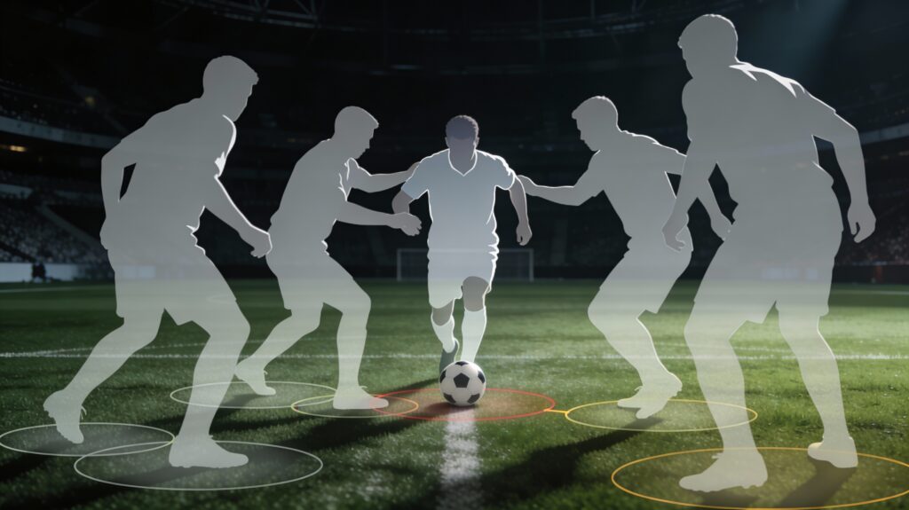 Tactical image illustrating Guardiola’s rest-defense structure enabling immediate counter-pressing after possession loss. Illustrates Pep Guardiola Final Third Tactics