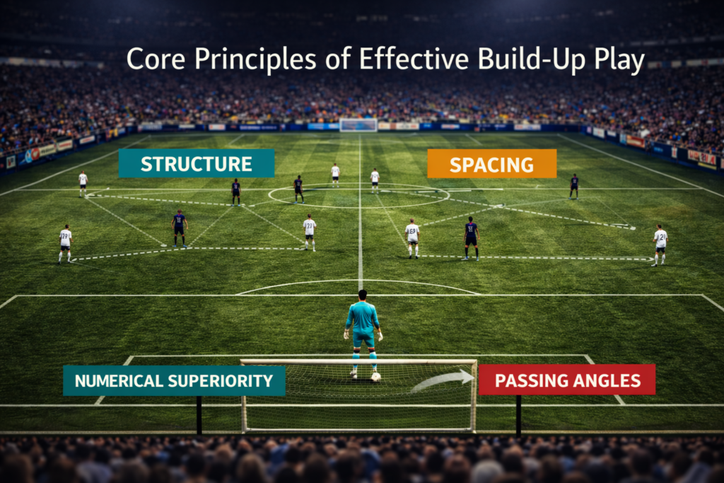 football stadium with players depicting core principles of Effective build-up play